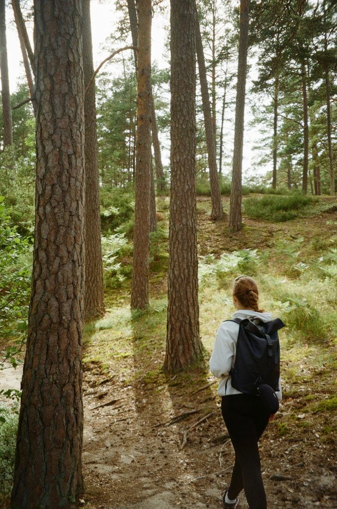 This is a photo of a woman walking in nature to implement a healthy habit for a healthier life.