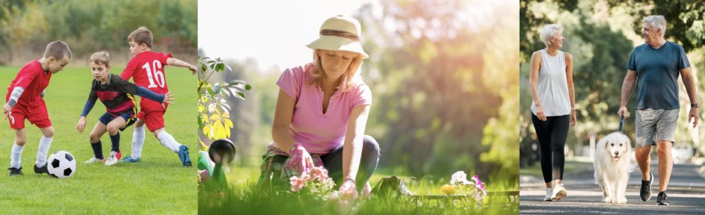 Picture of boys playing soccer, a middle aged woman gardening and an older couple walking to show how regular chiropractic care can help keep you active.